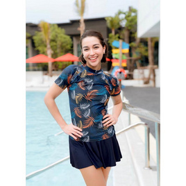 Alohaswimwear เซ็ตชุดว่ายน้ำ เสื้อแขนสั้นลายใบไม้น้ำเงิน พร้อมกระโปรงสีกรม - Alohaswimwear, แฟชั่น