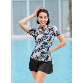 Alohaswimwear เซ็ตชุดว่ายน้ำ เสื้อแขนสั้นลายทรอปิคอล พร้อมกระโปรงสีดำ - Alohaswimwear, เสื้อผ้าผู้หญิง