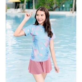 Alohaswimwear เซ็ตชุดว่ายน้ำ เสื้อแขนสั้นลายฟ้าทะเล พร้อมกระโปรงชมพู - Alohaswimwear, ชุดว่ายน้ำ