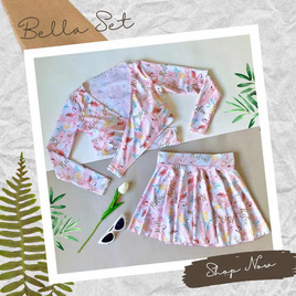 Alohaswimwear Bella set ชุดว่ายน้ำครอปแขนยาว พร้อมกระโปรง ลายนกฟลามิงโก้ - Alohaswimwear, แฟชั่นผู้หญิง