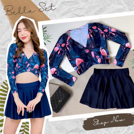 Alohaswimwear Bella set ชุดว่ายน้ำครอปแขนยาว ลายนกฟลามิงโก้ พร้อมกระโปรง - Alohaswimwear, เสื้อผ้า