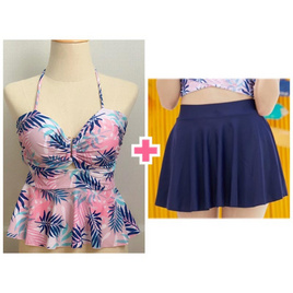 Alohaswimwear Tropica Ruffle ชุดว่ายน้ำ บราระบายลายใบไม้ชมพูน้ำเงิน พร้อมกระโปรงเข้าชุด สีกรม - Alohaswimwear, เสื้อผ้า