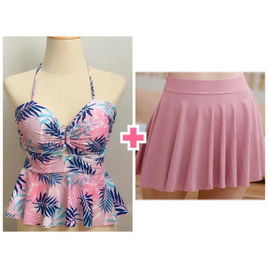 Alohaswimwear Tropica Ruffle ชุดว่ายน้ำ บราระบายลายใบไม้ชมพูน้ำเงิน พร้อมกระโปรงเข้าชุด สีชมพู - Alohaswimwear, เสื้อผ้าผู้หญิง