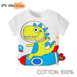 DELON KID  ชุดเด็ก เสื้อยืดเด็ก แขนสั้น เนื้อผ้าคอตตอน 100% AA4039  สีขาวลายเขียว - DELON, เสื้อผ้า/ชุดชั้นในให้นม