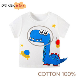 DELON KID  ชุดเด็ก เสื้อยืดเด็ก แขนสั้น เนื้อผ้าคอตตอน 100% AA4039 สีขาวลายน้ำเงิน - DELON, เสื้อและเสื้อยืด