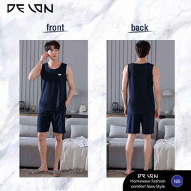 Delon เช็ตชุดลำลอง เนื้อผ้า Cotton เสื้อกล้ามพร้อมกางเกงขาสั้นแบบมีกระเป๋าข้าง รุ่น AA7012 - DELON, ชุดนอน