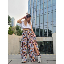 Fashion กางเกงขายาวผูกเอว ลายใบไม้ สีฟ้าคราม สวมใส่สบาย ไม่ร้อน - Fashion