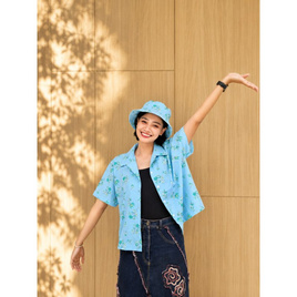 Fashion เสื้อครอป+หมวก ฟ้า สวมใส่สบาย ไม่ร้อน - Fashion