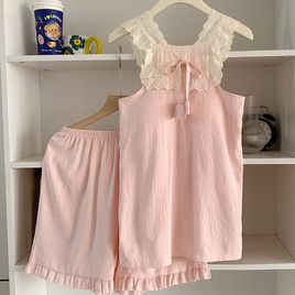 Forever25 ชุดนอนผู้หญิง เสื้อแขนสั้นพร้อมกางเกงขาสั้น แต่งลายฉลุสีชมพู - Forever25, เสื้อผ้า