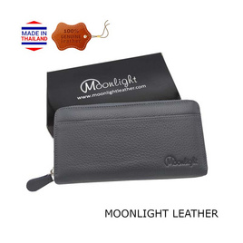 MOONLIGHT กระเป๋าสตางค์ใบยาว ซิปรอบ หนังแท้ ไม่ลอกร่อน สีเทา - MOONLIGHT, กระเป๋า