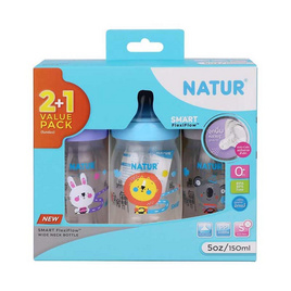 NATUR ขวดนมสมาร์ทจุกนิ่มหลายรู PP 5oz แพ็ก 2 ฟรี 1 - NATUR, ขวดนม