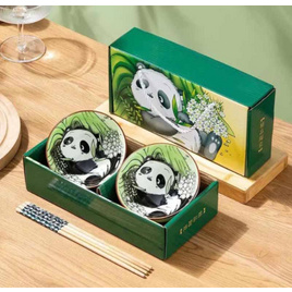 TIN TIN ชุดถ้วยเซรามิค 2 ใบพร้อมตะเกียบ สีเขียว Panda - TIN TIN