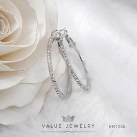 ValueJewelry ต่างหูห่วง ประดับคริสตัลแท้ ขนาด2มิลรอบวง ขนาด วง3เซน เงินแท้ ER1235 - ValueJewelry, เครื่องประดับผู้หญิง