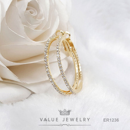 ValueJewelry ต่างหูห่วง ประดับคริสตัลแท้ ขนาด2มิลรอบวง ขนาด วง3เซน เงินแท้ ER1236 - ValueJewelry, แฟชั่นผู้หญิง