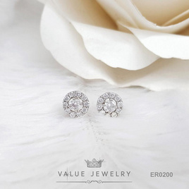 ValueJewelry ต่างหูแป้น เพชรกลม4มิล ล้อมคริสตัลละเอียด ขนาดเล็ก ตุ้มหู เครื่องประดับ ER0200 - ValueJewelry, เครื่องประดับผู้หญิง