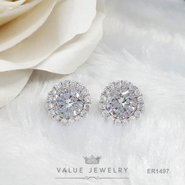 ValueJewelry ต่างหูแบบหนีบ คริสตัลเพชรกลม เพชรล้อมเพชร สีเงิน ขนาดใหญ่ ER1497 - ValueJewelry, เครื่องประดับผู้หญิง