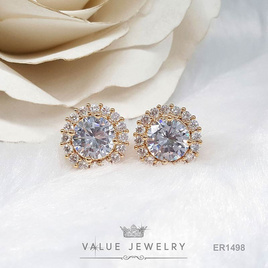 ValueJewelry ต่างหูแบบหนีบ คริสตัลเพชรกลมเพชรล้อมเพชร สีทอง ขนาดใหญ่ ER1498 - ValueJewelry, แฟชั่นผู้หญิง