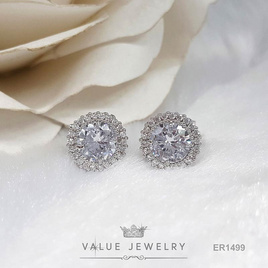 ValueJewelry ต่างหูแบบหนีบ คริสตัลเพชรกลม เพชรล้อมเพชร สีเงิน ขนาดพอเหมาะ ER1499 - ValueJewelry, แฟชั่นผู้หญิง