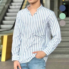 WEES THAILAND เสื้อเชิ้ตผู้ชาย ลายทาง คอวีไม่มีกระดุม - WEES THAILAND, 7Online