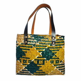 กระเป๋ากระจูด 12 x 10 นิ้ว ไม่บุผ้า หูหิ้วสายหนัง สีม่วงเหลือง - บ้านต้นกระจูด