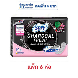 โซฟี แผ่นอนามัยถ่านชาร์โคลเฟรช แบบมาตรฐาน มีกลิ่นหอม ห่อละ 14 ชิ้น (แพ็ก 6 ห่อ) - Sofy, แผ่นอนามัย