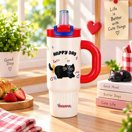 แก้วน้ำเก็บอุณหภูมิลายสัตว์มีหูจับ รุ่น C02 ขนาด 800ML. - PA, อุปกรณ์บนโต๊ะอาหาร