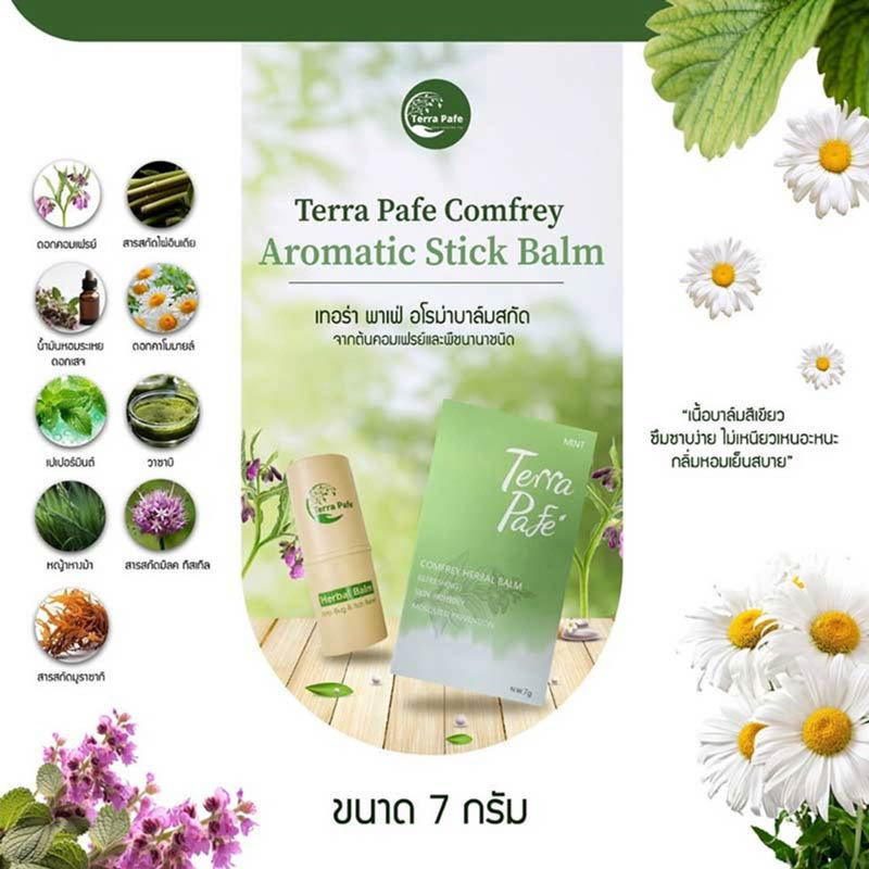 เทอร่า พาเฟ่ บาล์มสมุนไพรสกัดจากต้นคอมเฟรย์ และพืชนานาชนิด Terra Pafe comfrey herbal blam