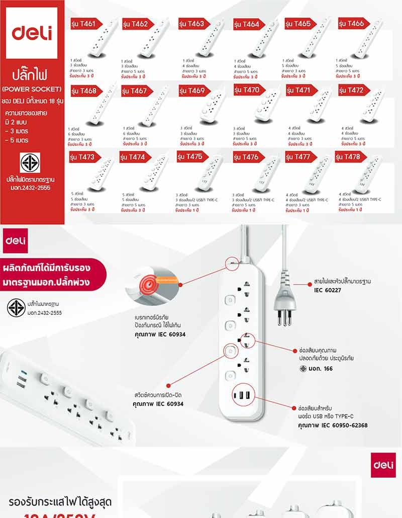 DELI ปลั๊กไฟ 10A 5M รุ่น DLI-T466