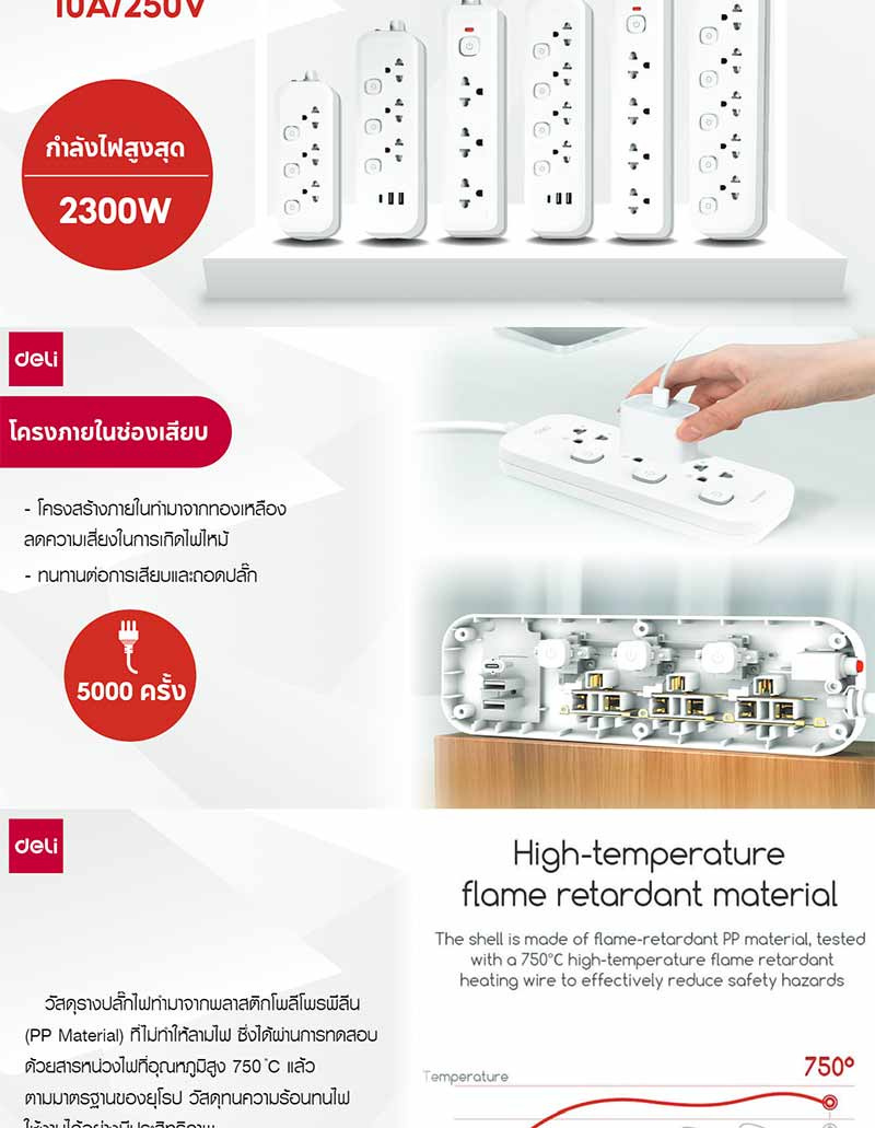 DELI ปลั๊กไฟ USB 10A 3M รุ่น DLI-T475