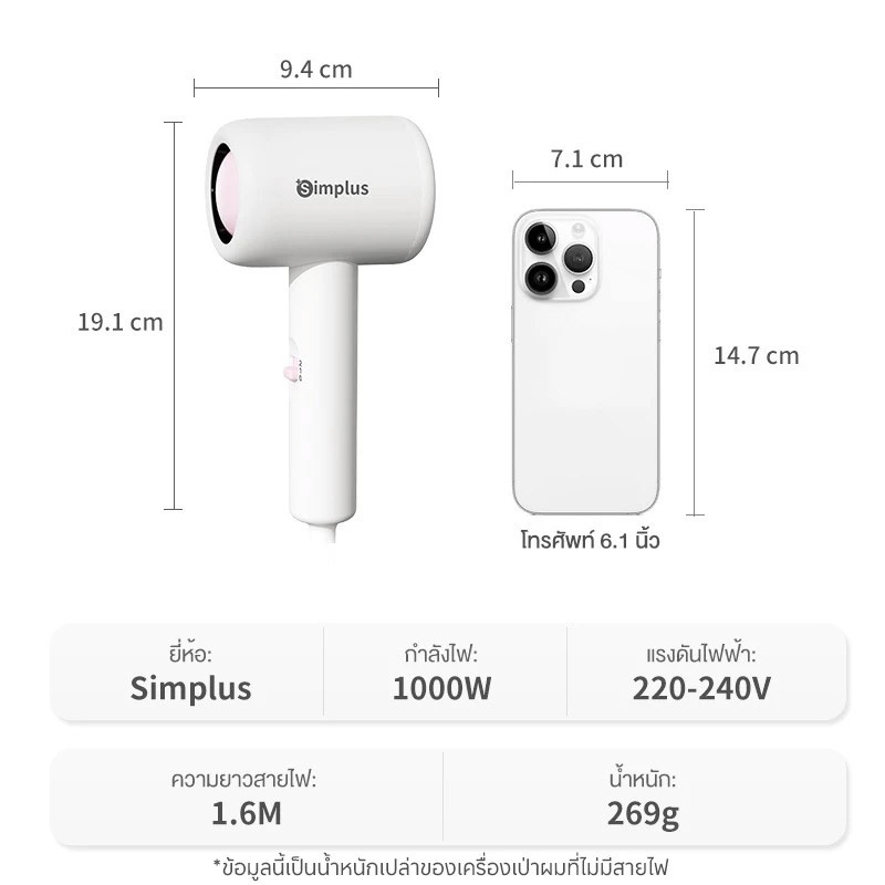 Simplus ไดร์เป่าผม 1000วัตต์ รุ่น CFJH004BK00