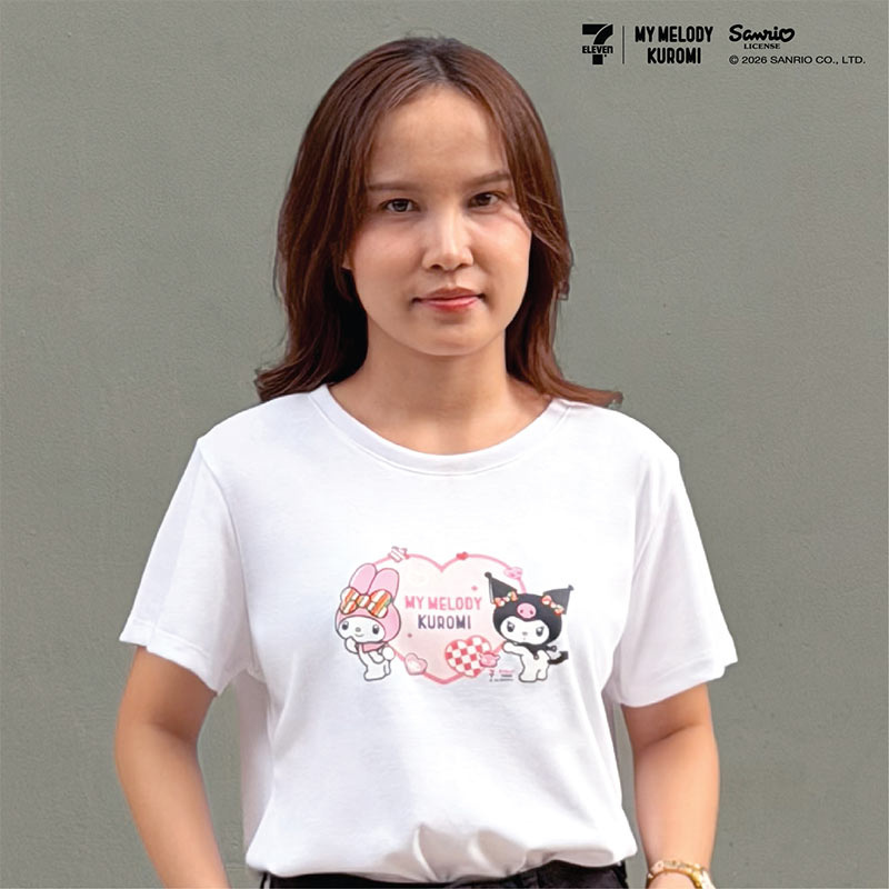 M2S Lifestyle เสื้อยืด ลายลิขสิทธิ์ My Melody and Kuromi สีขาว ลายหัวใจ 1