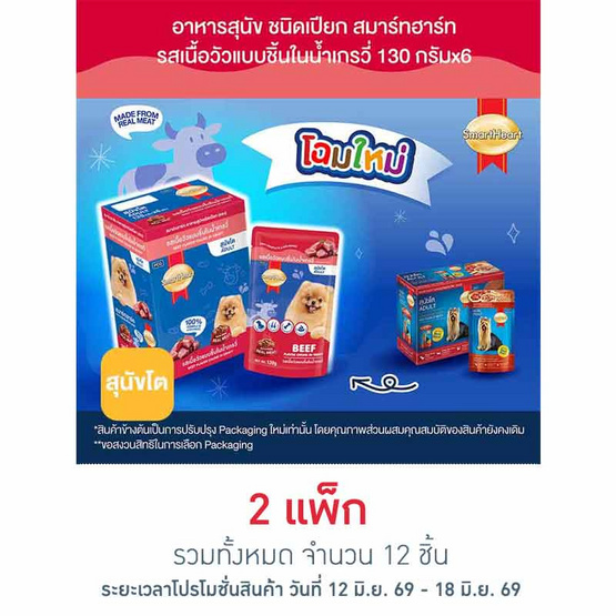 สมาร์ทฮาร์ท อาหารสุนัขเปียก รสเนื้อวัวแบบชิ้นในน้ำเกรวี่ 130 กรัม (1 แพ็ก 6 ชิ้น)