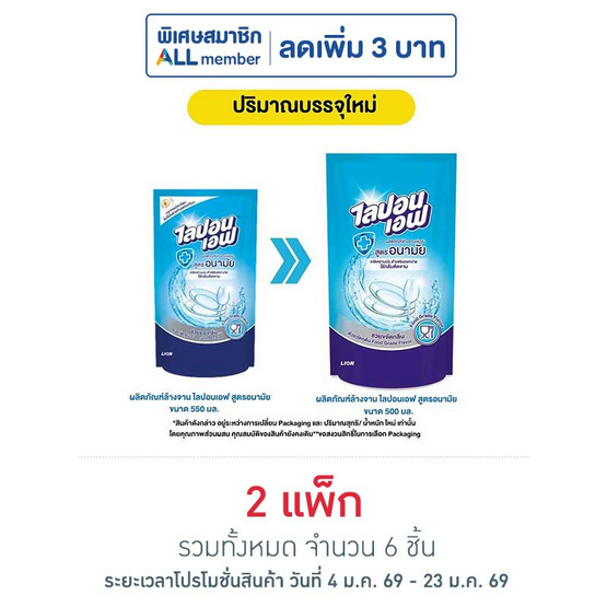 ไลปอนเอฟ น้ำยาล้างจาน สูตรอนามัย 500 มล. (แพ็ก 3 ชิ้น)