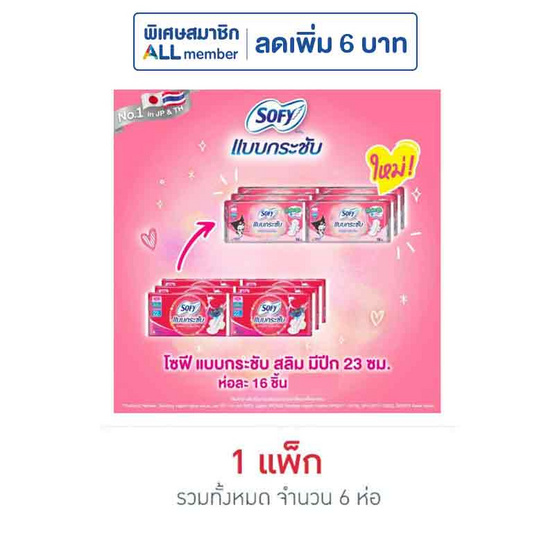 โซฟี แบบกระชับ สลิม ผ้าอนามัย แบบมีปีก 23ซม. ห่อละ 16 ชิ้น (แพ็ก 6 ห่อ)