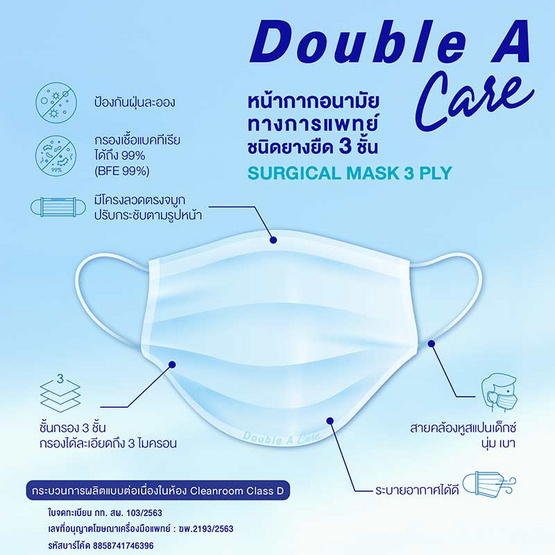 Double A Care หน้ากากอนามัยทางการแพทย์ ชนิดยางยืด 3 ชั้น (SURGICAL MASK 3 PLY) Double A Care หน้ากากอนามัยทางการแพทย์ ชนิดยางยืด 3 ชั้น (SURGICAL MASK 3 PLY)