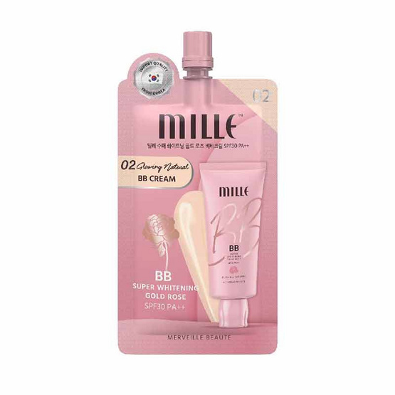 MILLE บีบีครีม Super Whitening Gold Rose SPF30 PA++ 6 กรัม #02 Glowing Natural (6 ซอง)