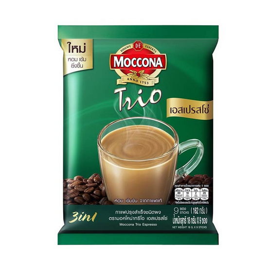 มอคโคน่าทรีโอ 3in1 เอสเปรสโซ่ 18 กรัม (9 ซอง/ถุง) แพ็ก 6 ถุง มอคโคน่าทรีโอ 3in1 เอสเปรสโซ่ 18 กรัม (9 ซอง/ถุง) แพ็ก 6 ถุง