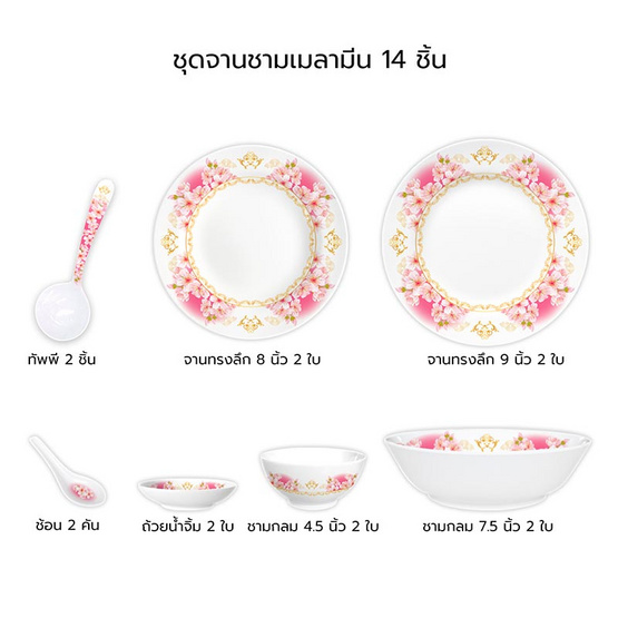 RRSชุดจานชามเมลามีนCherry Blossom 14 ชิน (มอก. 2921-2562)