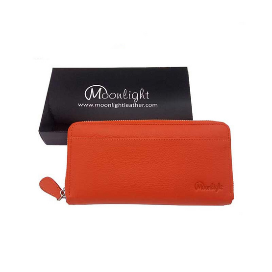 MOONLIGHT กระเป๋าหนังแท้ ใบยาว ซิปรอบ สีส้ม