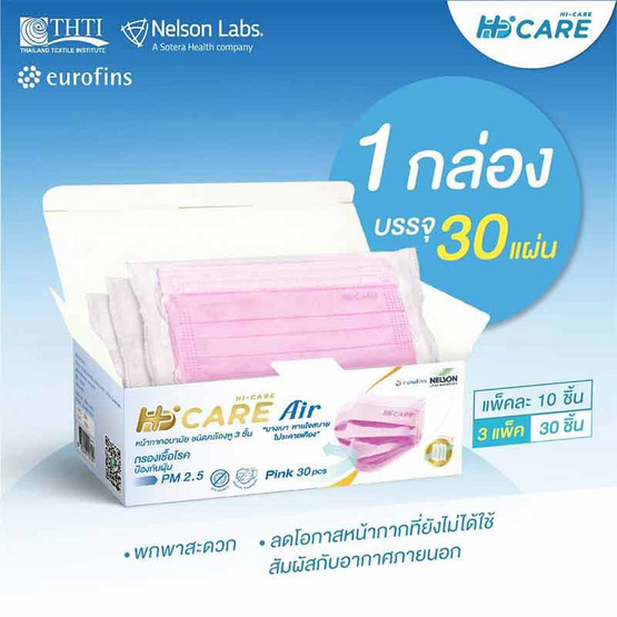 Hi-Care Air หน้ากากอนามัย (รองรับ PM2.5) แผ่นกรอง 3 ชั้น (สีชมพู)