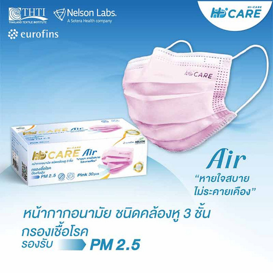 Hi-Care Air หน้ากากอนามัย (รองรับ PM2.5) แผ่นกรอง 3 ชั้น (สีชมพู)