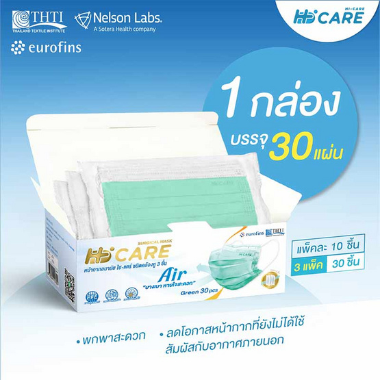 Hi-Care Air หน้ากากอนามัย (รองรับ PM2.5) แผ่นกรอง 3 ชั้น (สีเขียว)