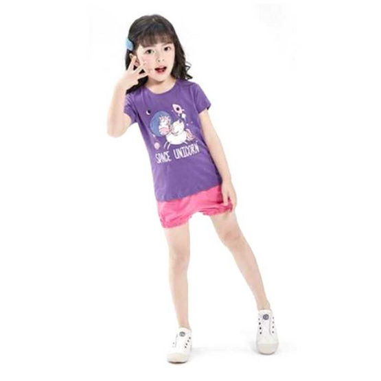 RIKA KID ชุดเด็กเสื้อ+กางเกงผ้าคอตตอน100% พิมพ์ลายน่ารักชุดเซ็ต 2 ชิ้น สีม่วง+ชมพู AA4012