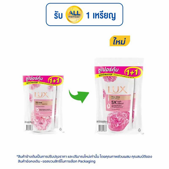 ลักส์ ครีมอาบน้ำ โรซี่ โกลว์ (ซอฟท์ โรส) ถุงเติม 400 มล. แพ็กคู่