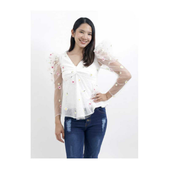 ALL BEAUTE (ออล โบเต้) Blooming Top เสื้อคอวี แขนยาว ผ้าทูล