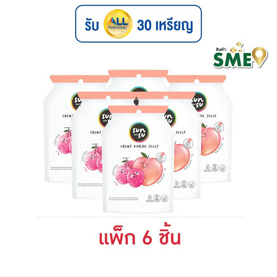 ซันซุ เยลลี่ผสมบุกกลิ่นพีช & ลิ้นจี่ 96 กรัม (แพ็ก 6 ชิ้น)