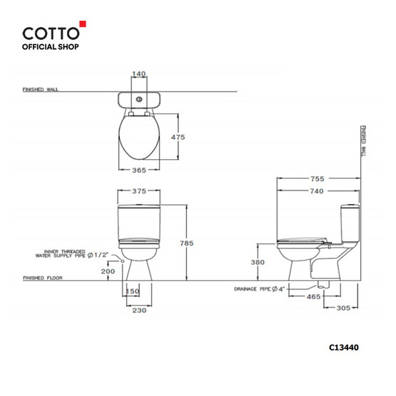 Cotto สุขภัณฑ์สองชิ้น รุ่น C13440 เบน 3/4.5 ลิตร