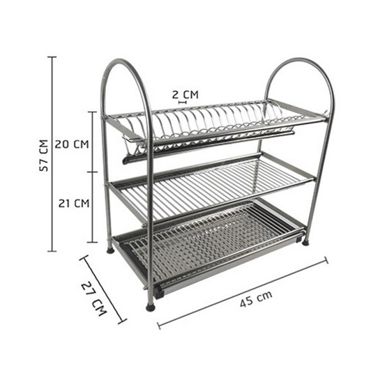 CASSA ที่คว่ำจานสแตนเลส304 แบบ 3 ชั้น C1L003-SUS304-345 ขนาด 45 x 27 x 57 cm สีเงิน