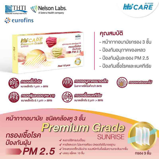 Hi-Care Premium Grade SUNRISE หน้ากากอนามัยหนาพิเศษ รองรับ PM 2.5 สีแดง (10 ชิ้น/กล่อง)