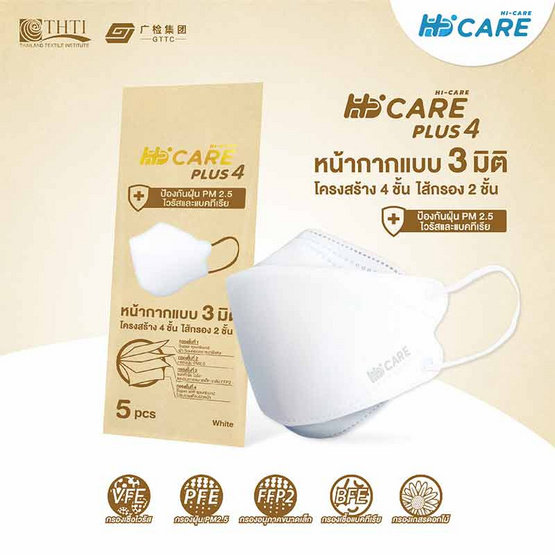 Hi-Care Plus 4 หน้ากากแบบ 3 มิติ หนาพิเศษ (รองรับ PM 2.5) สีขาว 5 ชิ้น/แพ็ก